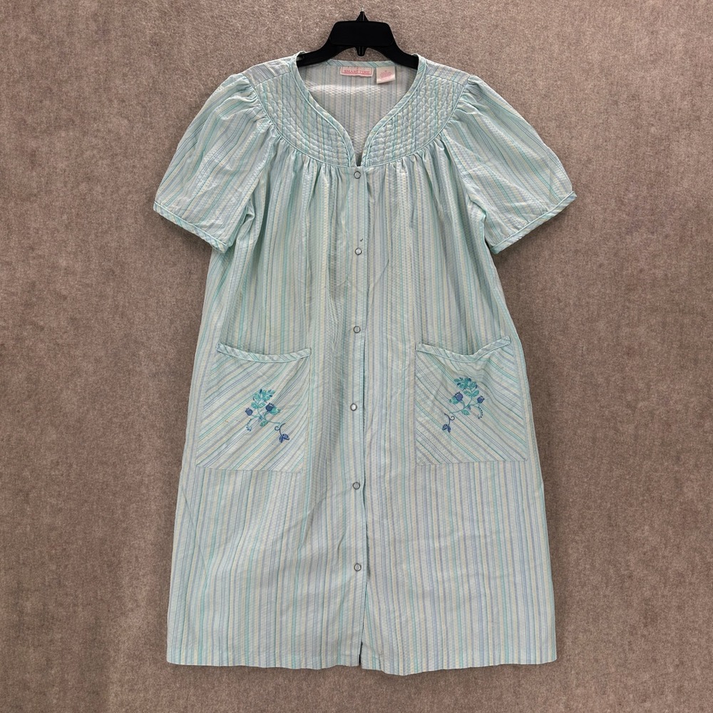 VTG Smart Time 1X Seersucker House Dress Blue Green Striped Snap Front Mumu